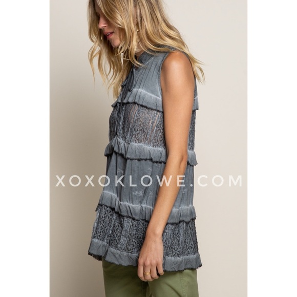 POL Charcoal Hand Dyed Ruffle + Lace Sleeveless Tunic Blouse - Picture 4 of 9